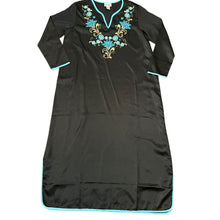 Load image into Gallery viewer, Vintage Black Satin Embroidered Floral Caftan House Dress Medium
