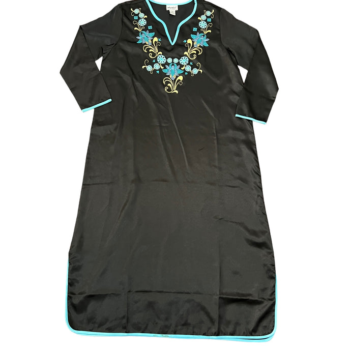 Vintage Black Satin Embroidered Floral Caftan House Dress Medium