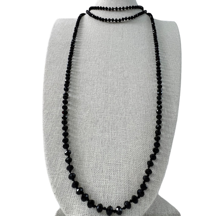 Vintage Extra Long Faceted Black Glass Bead Necklace 72