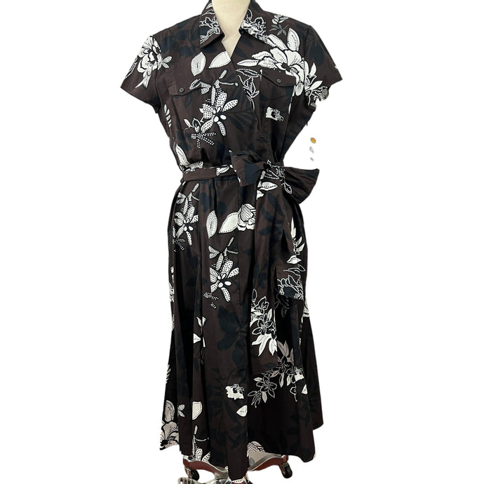 TALBOTS Black & White Floral Stretch Knit Faux Wrap Belted Dolman Dress Size 16
