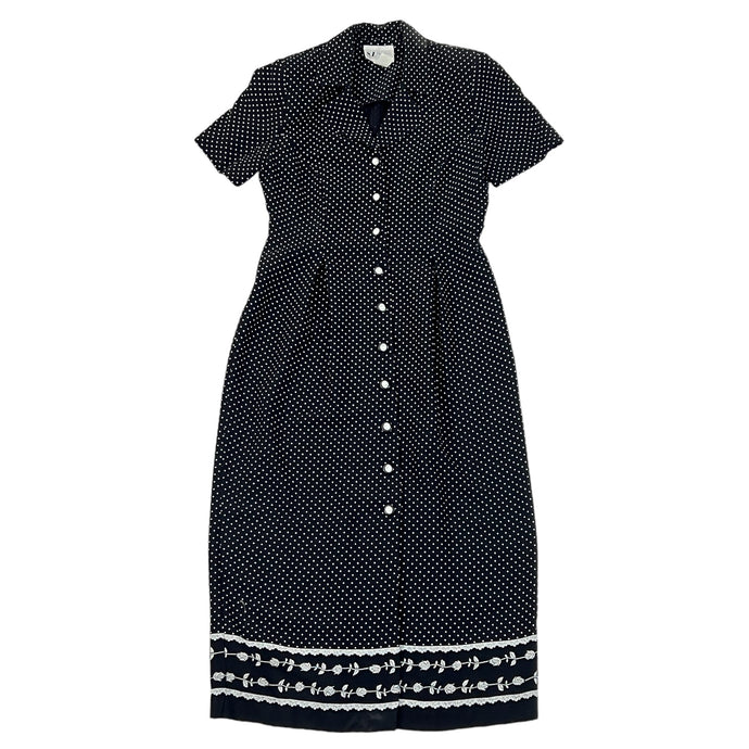 Vintage SL Fashions Black White Polka Dot Dress Short Sleeves Size 10