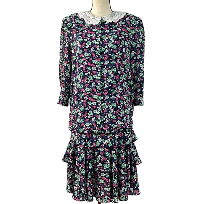 Vintage Lace Collar Cottage Core Floral Ruffle Dress Size 8