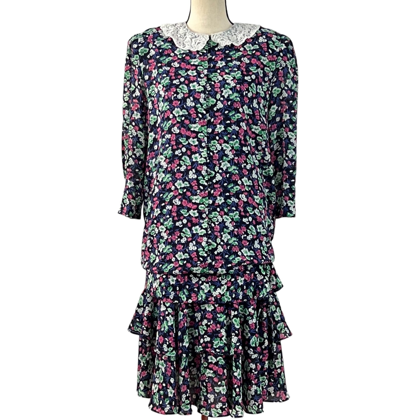 Vintage Lace Collar Cottage Core Floral Ruffle Dress Size 8