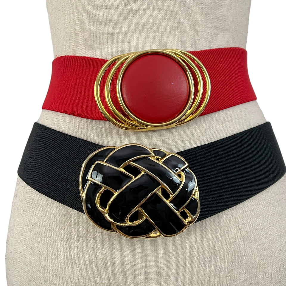 Black Stretch Cinch Belt with Black and Gold Celtic Weave Hook Buckle Size 30" 