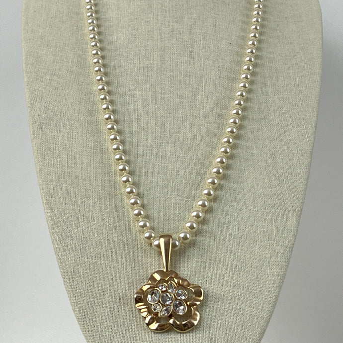 Vintage SAL Pearl Necklace with Gold Rhinestone Pendant 