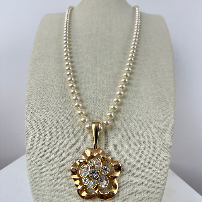 Vintage S.A.L. Faux Pearl Necklace with Gold Rhinestone Pendant  32