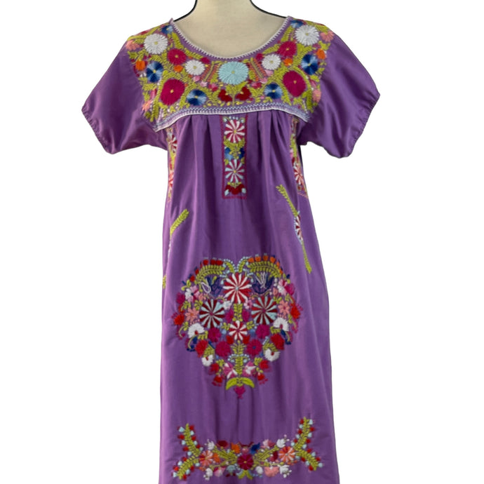 Mexican Hand Embroidered Purple Boho Peasant Tunic Dress Floral