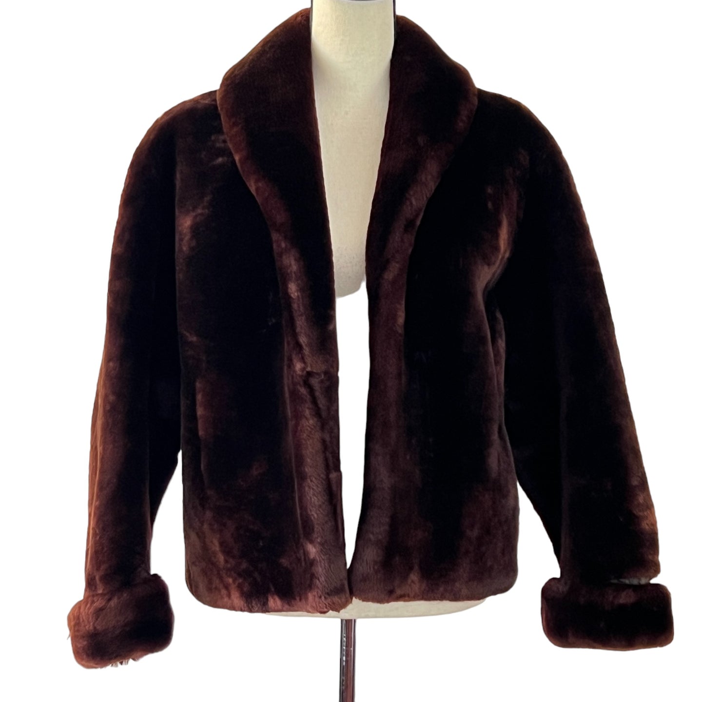 Vintage 50s Dark Brown Faux Fur Long Sleeve Crop Jacket Size Small