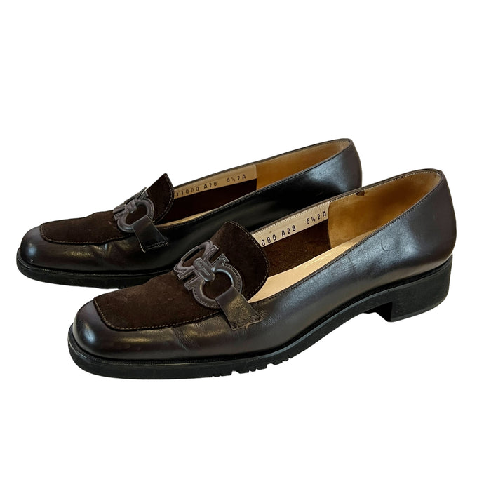 Salvatore Ferragamo Logo Signature Womens Brown Leather Suede Loafers Size 6 1/2 2A