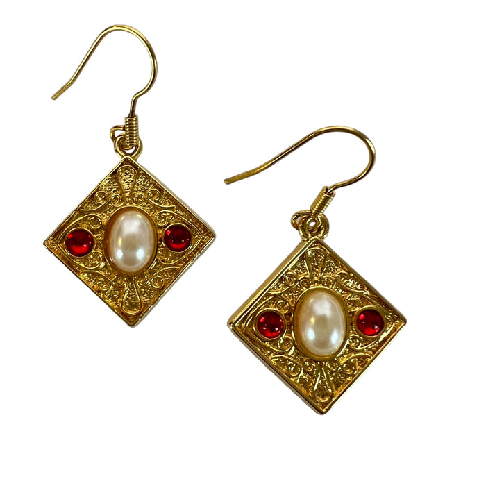Edwardian Design Gold Tone Earrings Pierced Faux Pearl Red Jewels 1.5