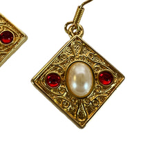 Load image into Gallery viewer, Edwardian Design Gold Tone Earrings Pierced Faux Pearl Red Jewels 1.5&quot;
