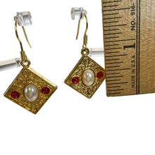 Load image into Gallery viewer, Edwardian Design Gold Tone Earrings Pierced Faux Pearl Red Jewels 1.5&quot;
