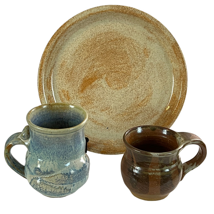 1970s Signed Studio Art Pottery Mug Picher and Plate 3 Pcs Set