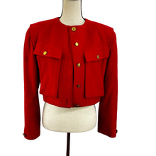 Load image into Gallery viewer, Vintage 80s Red Cropped Wool Blazer w Gold Buttons Size Medium
