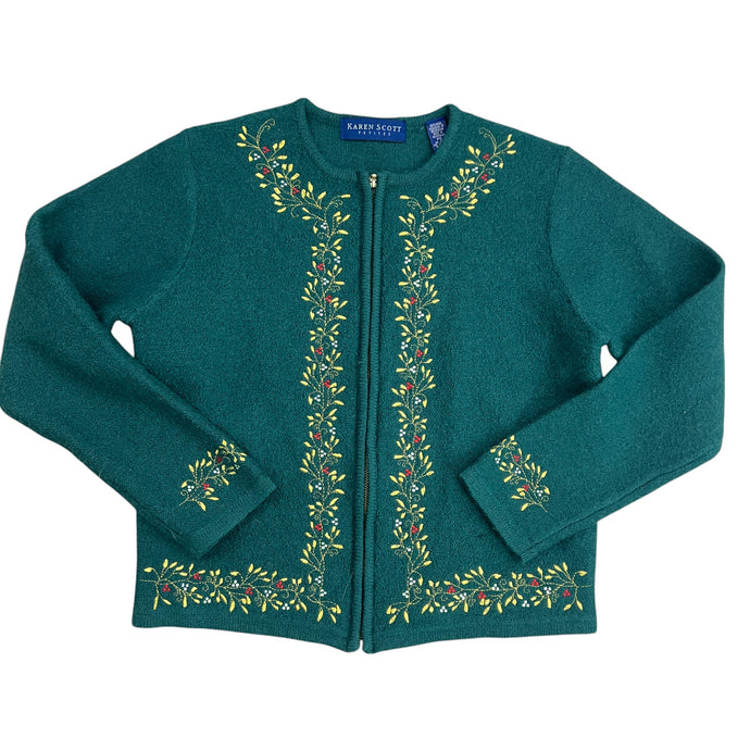 Vintage Green 100% Wool Embroidered Cardigan Sweater Size PS