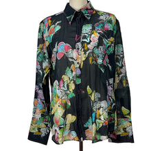 Load image into Gallery viewer, Women Silk Butterfly Button Up Flip Cuff Shirt Size Large 
