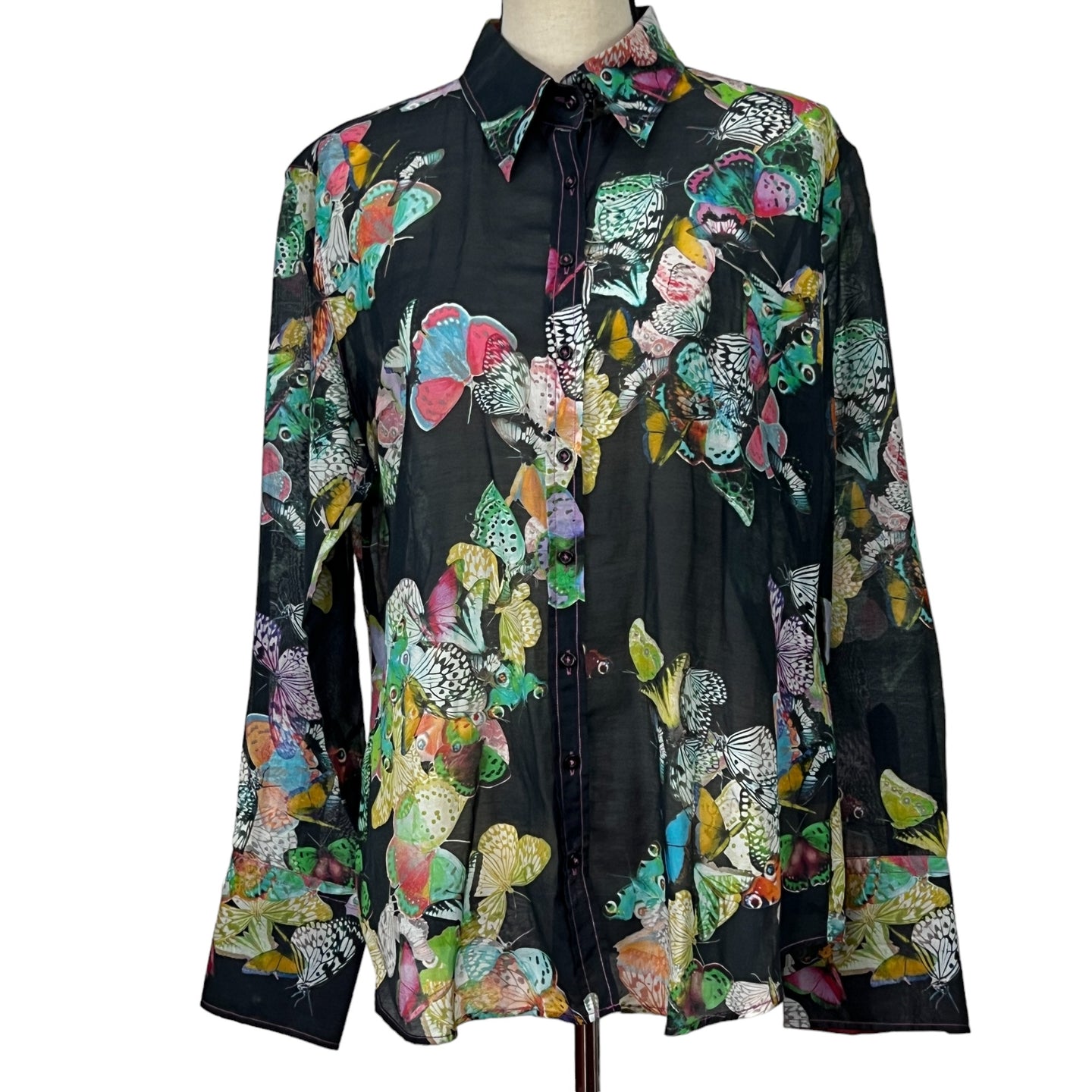 Women Silk Butterfly Button Up Flip Cuff Shirt Size Large 