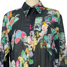 Load image into Gallery viewer, Women Silk Butterfly Button Up Flip Cuff Shirt Size Large 
