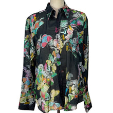 Load image into Gallery viewer, Women Silk Butterfly Button Up Flip Cuff Shirt Size Large 
