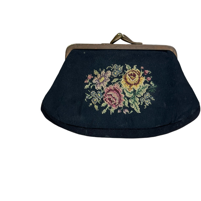 Western Germany Black Embroidered Roses Coin Purse