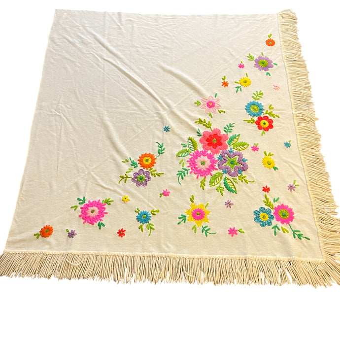 Vintage Canary Island Embroidered Wool Floral Blanket 51x55