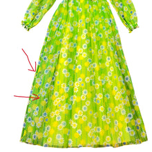 Load image into Gallery viewer, Vintage 1960s Green Groovy Boho Flower Pattern Power Bow Ruffle Long Sleeve Maxi Dress 
