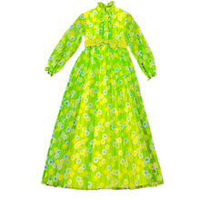 Load image into Gallery viewer, Vintage 1960s Green Groovy Boho Flower Pattern Power Bow Ruffle Long Sleeve Maxi Dress 
