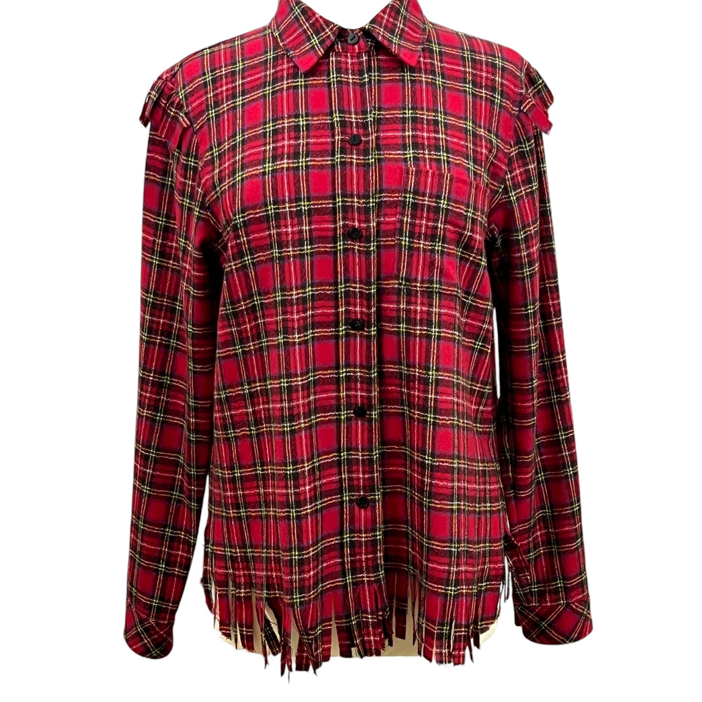 Red Plaid 100% Wool Fringed Button Up Flannel Shirt Size M