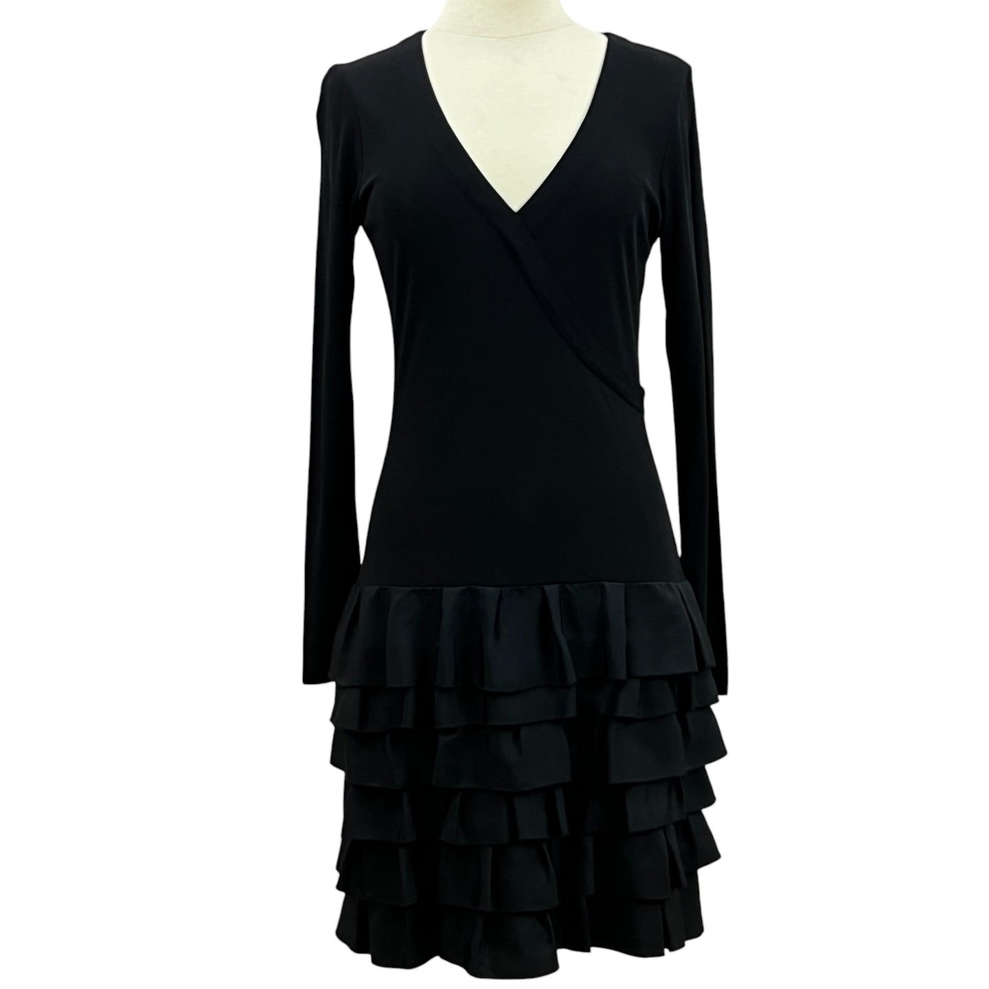 Black Long Sleeve Ruffle Cocktail Dress 100% Silk Size 8