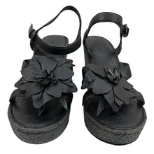 Load image into Gallery viewer, Born Black Leather Floral Wedge Sandals Size US 6/EU 36.5
