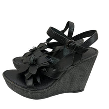 Load image into Gallery viewer, Born Black Leather Floral Wedge Sandals Size US 6/EU 36.5
