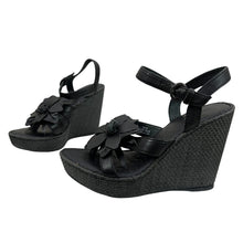 Load image into Gallery viewer, Born Black Leather Floral Wedge Sandals Size US 6/EU 36.5
