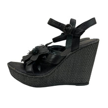 Load image into Gallery viewer, Born Black Leather Floral Wedge Sandals Size US 6/EU 36.5
