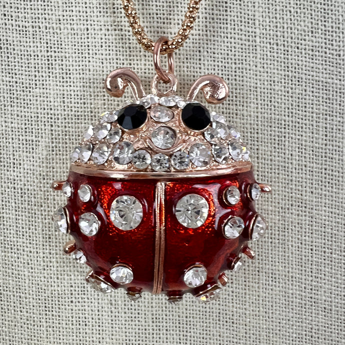 Betsey Johnson Large Red Rhinestone Lady Bug Pendant Necklace 30