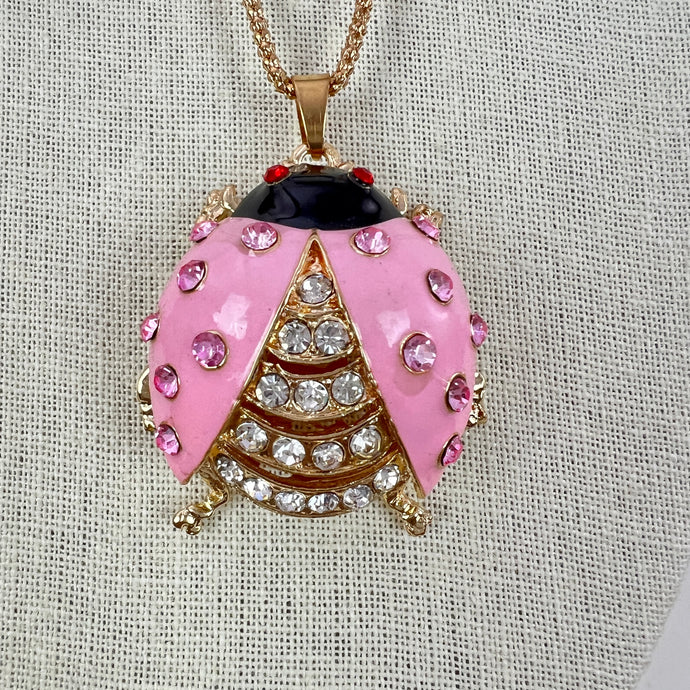 Betsey Johnson Large Pink Rhinestone Lady Bug Pendant Necklace 30