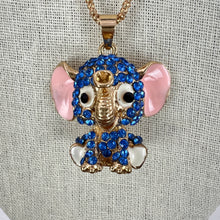 Load image into Gallery viewer, Blue Rhinestone Baby Elephant Pendant Necklace By Betsey Johnson 30&quot; 
