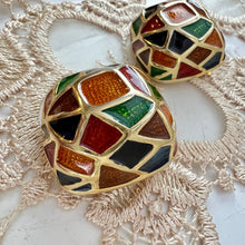 Load image into Gallery viewer, Vintage 80s Maresca Gold Plated Orange Green Red Blue Enamel Clip on Earrings 1.5&quot;
