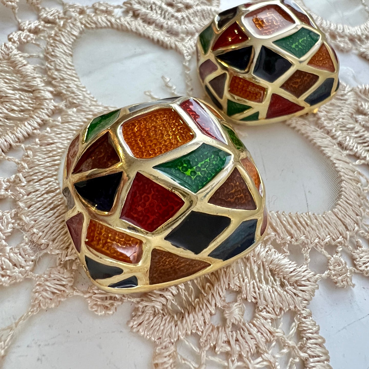 Vintage 80s Maresca Gold Plated Orange Green Red Blue Enamel Clip on Earrings 1.5