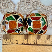 Load image into Gallery viewer, Vintage 80s Maresca Gold Plated Orange Green Red Blue Enamel Clip Earrings 1.5&quot;
