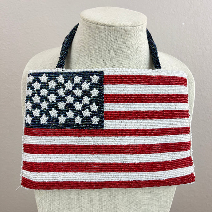 Vintage Valerie Stevens American Flag Beaded Evening Bag Purse Handbag Clutch with Flag Pin