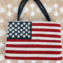 Load image into Gallery viewer, Vintage Valerie Stevens American Flag Beaded Evening Bag Purse Handbag Clutch with Flag Pin
