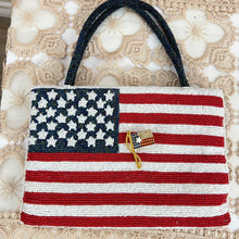 Load image into Gallery viewer, Vintage Valerie Stevens American Flag Beaded Evening Bag Purse Handbag Clutch with Flag Pin
