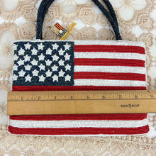 Load image into Gallery viewer, Vintage Valerie Stevens American Flag Beaded Evening Bag Purse Handbag Clutch with Flag Pin
