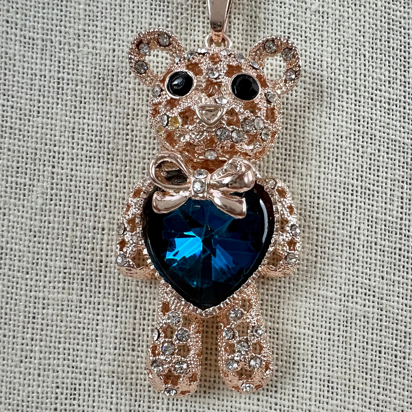 Betsey Johnson Rhinestone Cute Teddy Bear with Blue Belly Pendant Necklace 30