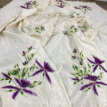 Load image into Gallery viewer, Vintage Hand Embroidered Purple Flowers on Tablecloth
