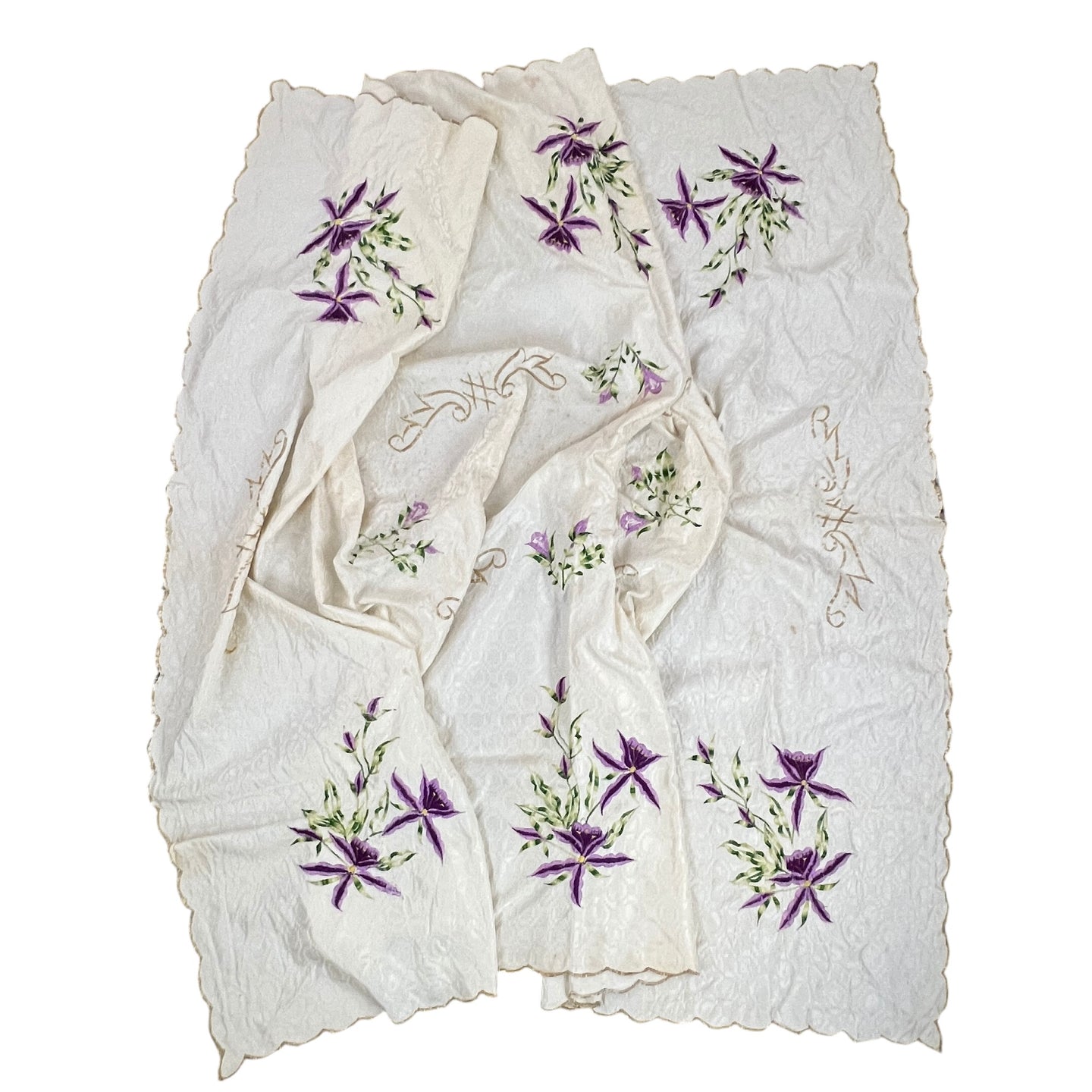 Vintage Hand Embroidered Purple Flowers on Tablecloth