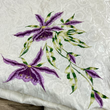 Load image into Gallery viewer, Vintage Hand Embroidered Purple Flowers on Tablecloth
