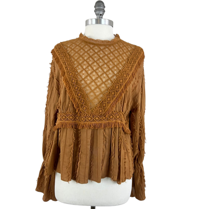 100% Cotton Tan Peasant Top Size Medium