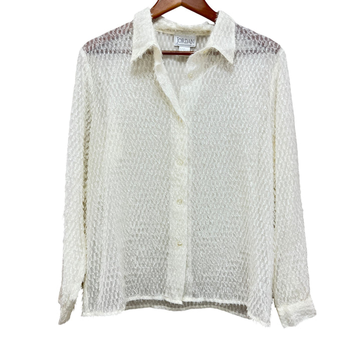 Vintage Semi Sheer Ivory Metallic Button Up Shirt Size Large