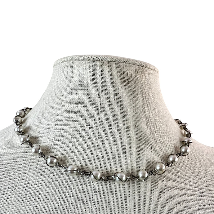 VTG Faux Pearl Silver Link Collar Necklace 16